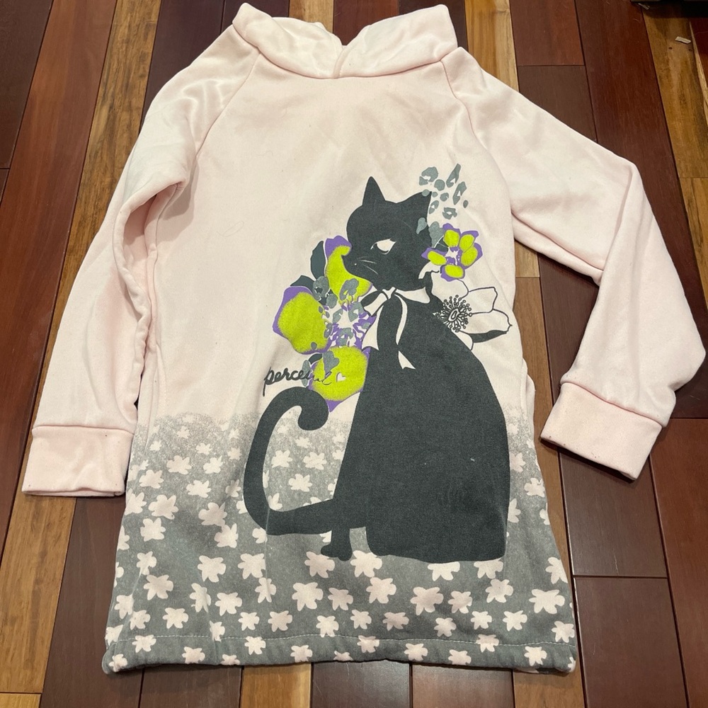 Pink Hooded Cat hoodie dress with Floral Print